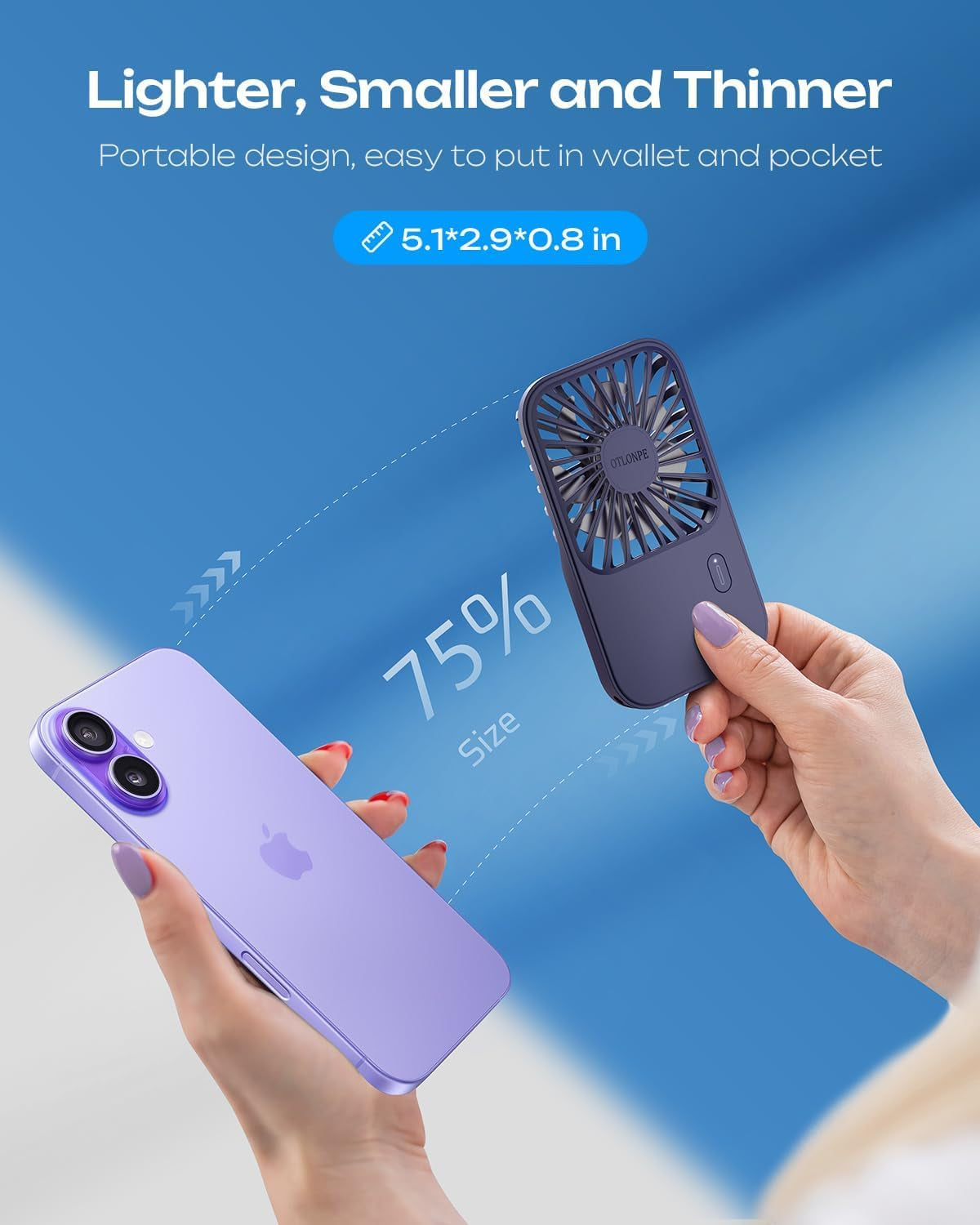 Rechargeable Mini Portable Handheld Fan, Small Personal Battery Powered Handheld Portable Fans for Hand Held Desktop Travel, Foldable Stand, Slim Cordless, Wrist Strap, 3-Speed (Blue)
