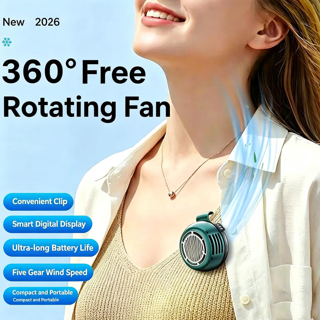 2026 New Portable Clip on Fan for Shirt, Portable Silent Mini Bladeless Electric Fan, 5 Speeds, Intelligent Digital Display, Mini Whirlwind Clip Waist Neck Fans for Outdoor & Travel (Green)