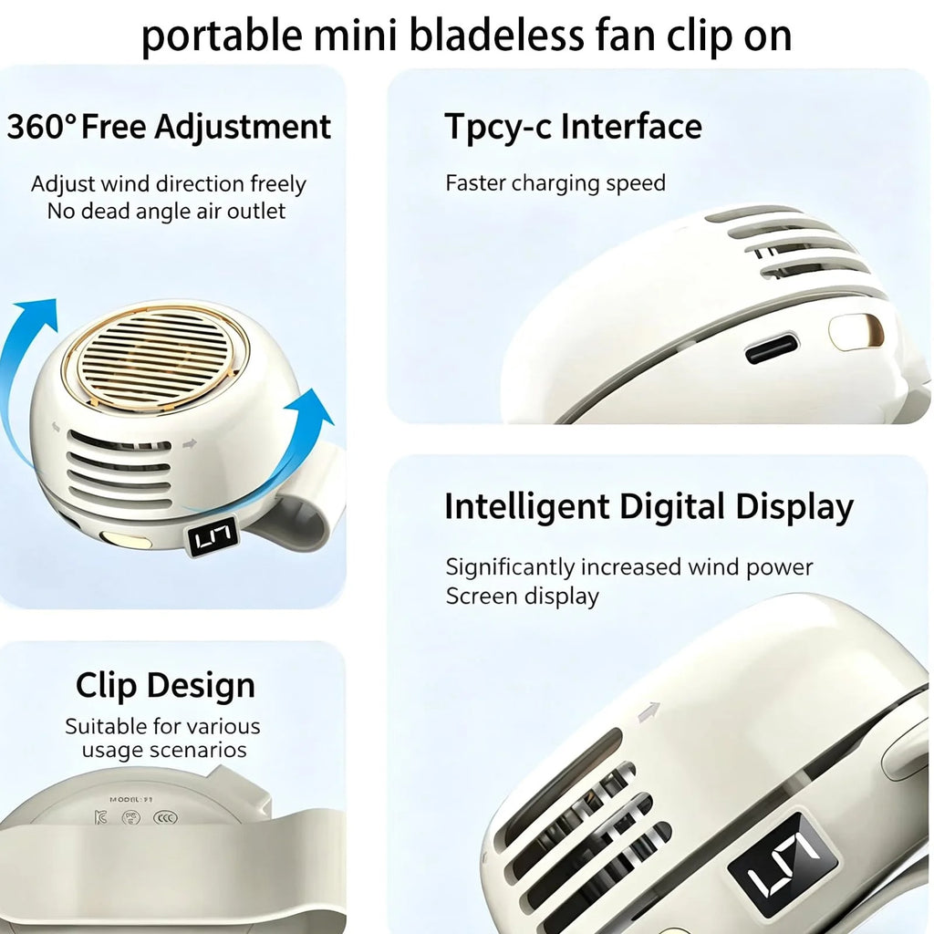 2026 New Portable Clip on Fan for Shirt, Portable Silent Mini Bladeless Electric Fan, 5 Speeds, Intelligent Digital Display, Mini Whirlwind Clip Waist Neck Fans for Outdoor & Travel (Green)