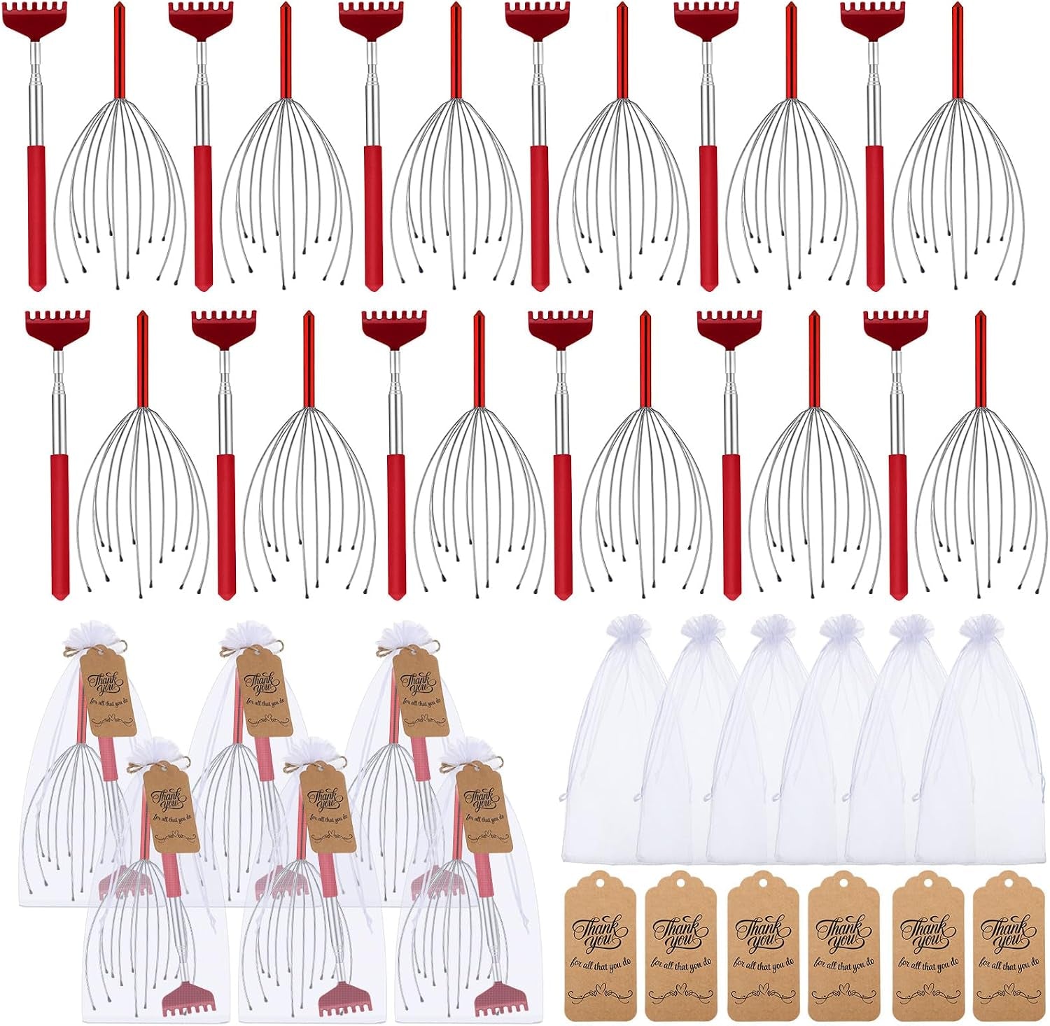 12 Set Scalp Head Massager and Back Scratcher Employee Appreciation Bulk Gifts with Thank You Cards Gift Bags Stress Relief for Graduation Father'S Day Coworker(Red)