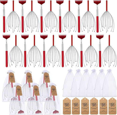 12 Set Scalp Head Massager and Back Scratcher Employee Appreciation Bulk Gifts with Thank You Cards Gift Bags Stress Relief for Graduation Father'S Day Coworker(Red)
