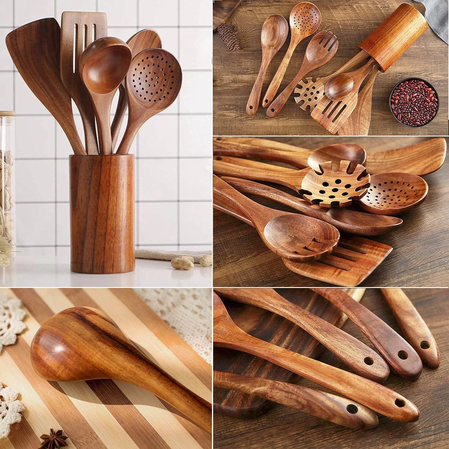 Wooden Spoons for Cooking, Wooden Utensils for Cooking 7 Pcs Natural Teak Wooden Kitchen Utensils Set Wooden Cooking Utensils