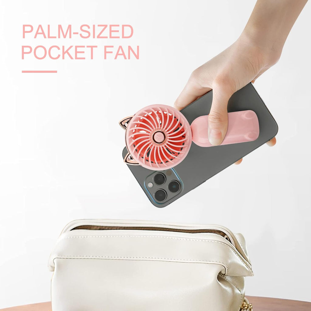Handheld Lanyard Fan Portable, Mini Hand Held Fan with USB Rechargeable Battery, 3 Speed Strong Personal Table Fan, 8-12 Hours Small Makeup Fan for Girls Women Travel Beach (Pink)