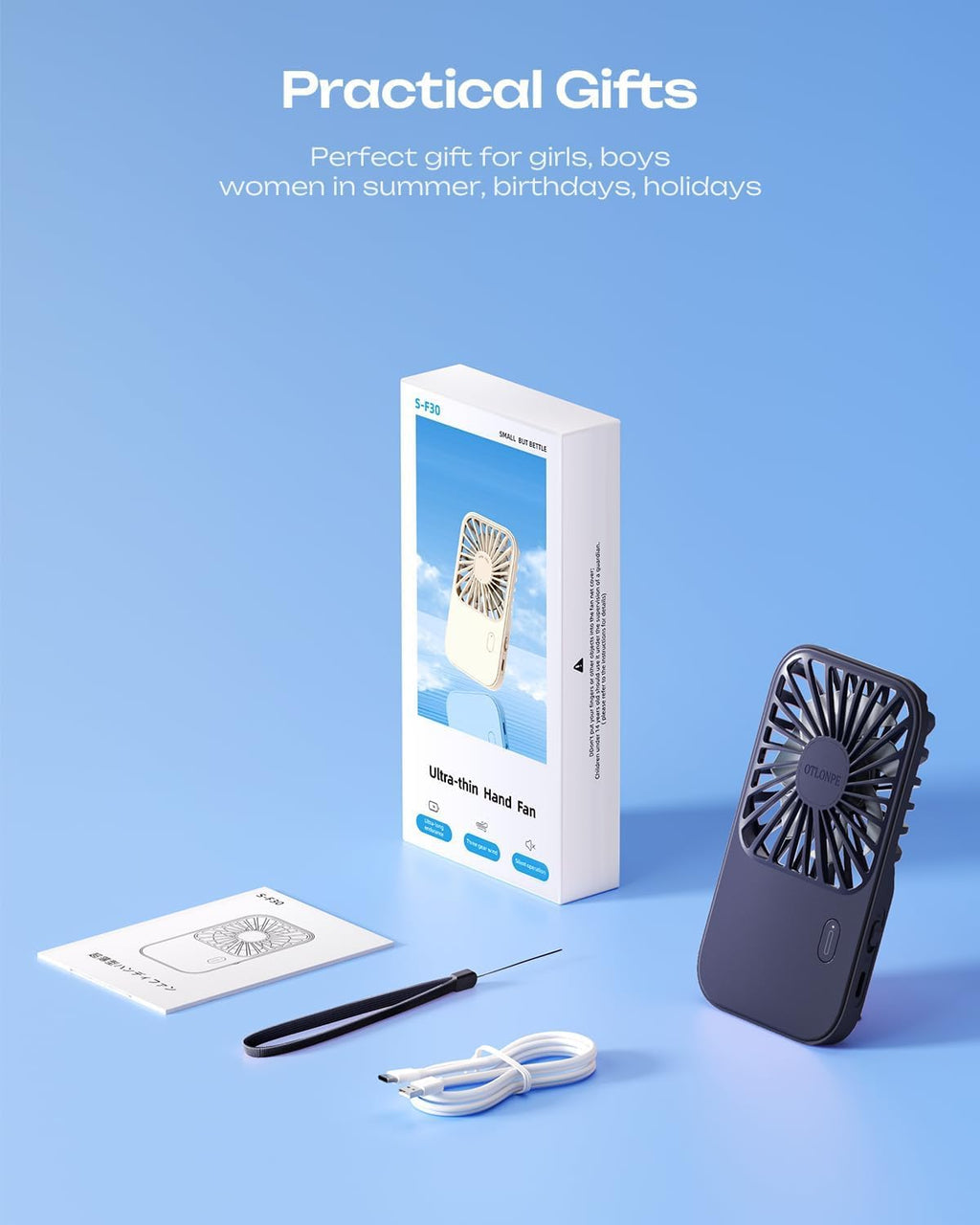 Rechargeable Mini Portable Handheld Fan, Small Personal Battery Powered Handheld Portable Fans for Hand Held Desktop Travel, Foldable Stand, Slim Cordless, Wrist Strap, 3-Speed (Blue)