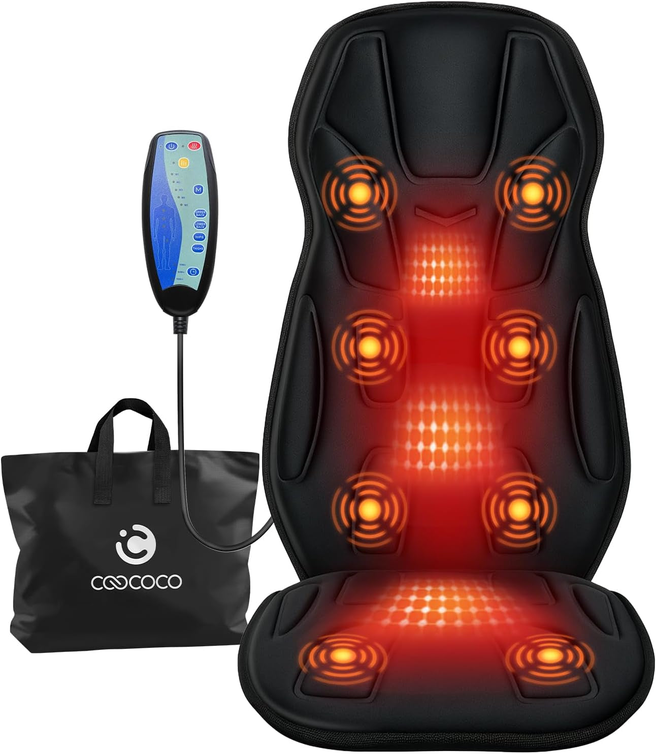 Back Massager for Chair with Heat, 4-Zone Vibration Massage Cushion | 8 Motors, 5 Modes, 3 Intensities, 4 Zones: Upper/Lower Back, Hips, Thighs; 2 Heat Levels, Elastic Strap, 30/60/90-Min Timer