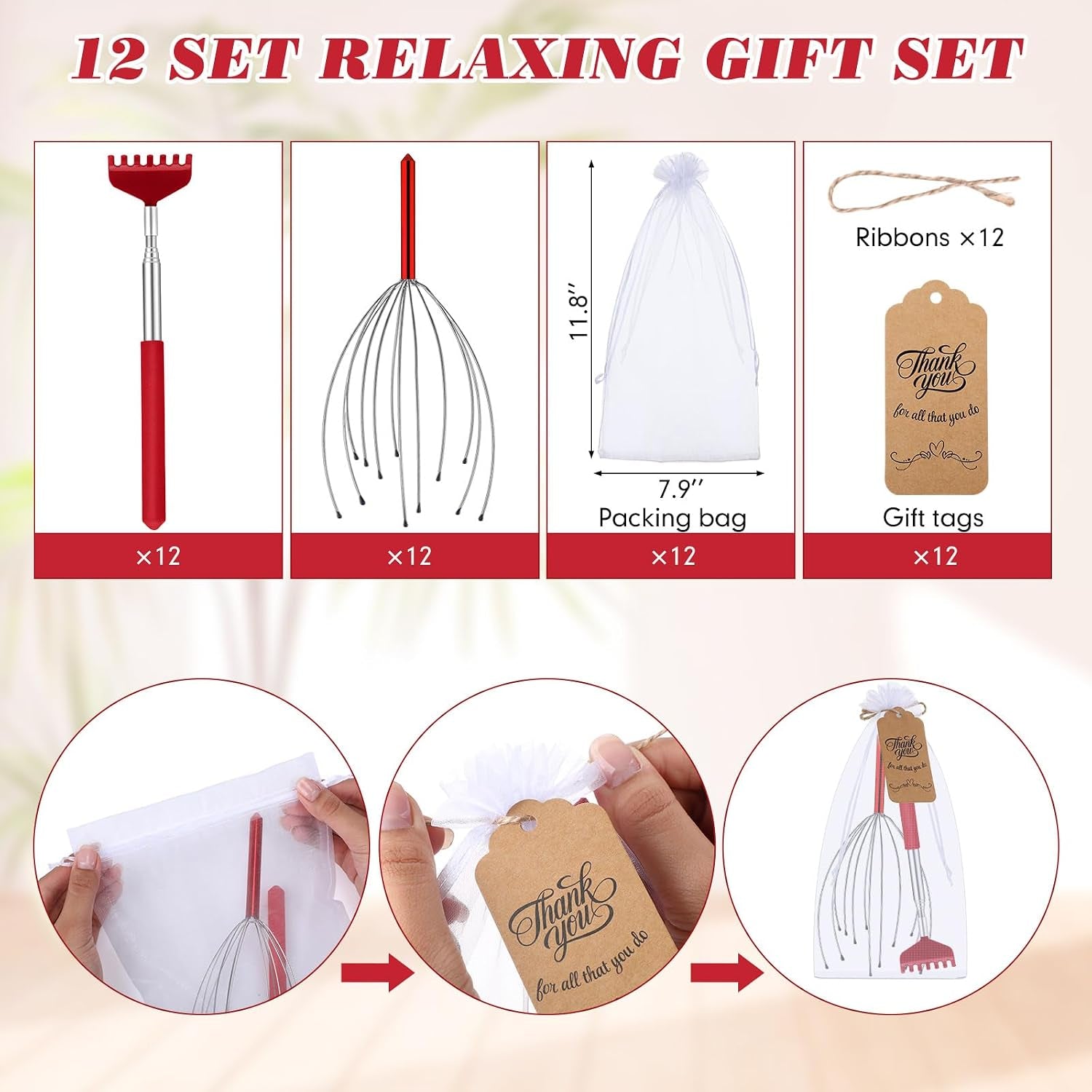 12 Set Scalp Head Massager and Back Scratcher Employee Appreciation Bulk Gifts with Thank You Cards Gift Bags Stress Relief for Graduation Father'S Day Coworker(Red)