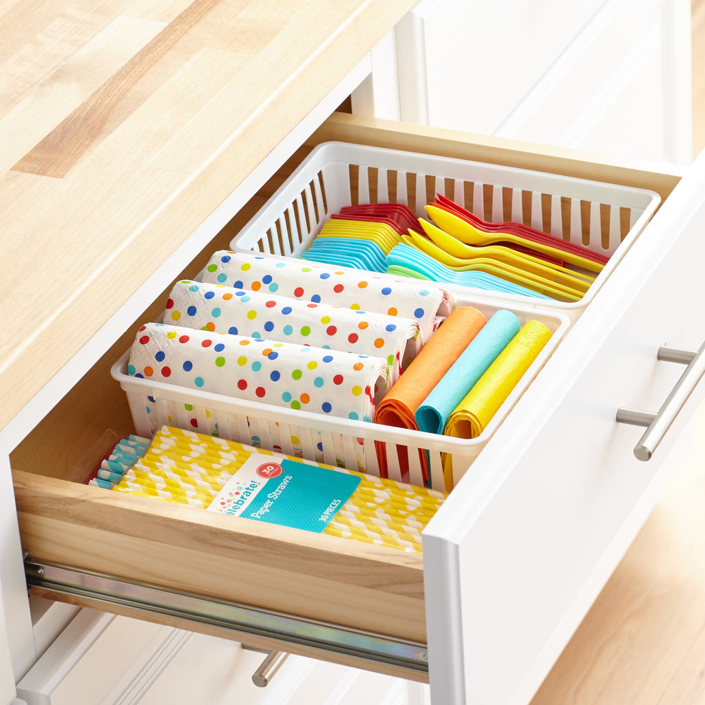 (6 Pack)  2-Pack Plastic Drawer Organizer Storage Bin Set, Mini Drawer Storage Containers for Kitchen Drawer, Desk Drawer and Bathroom Drawer Organization, Arctic White, 10.3" X 6.5" X 2.4"