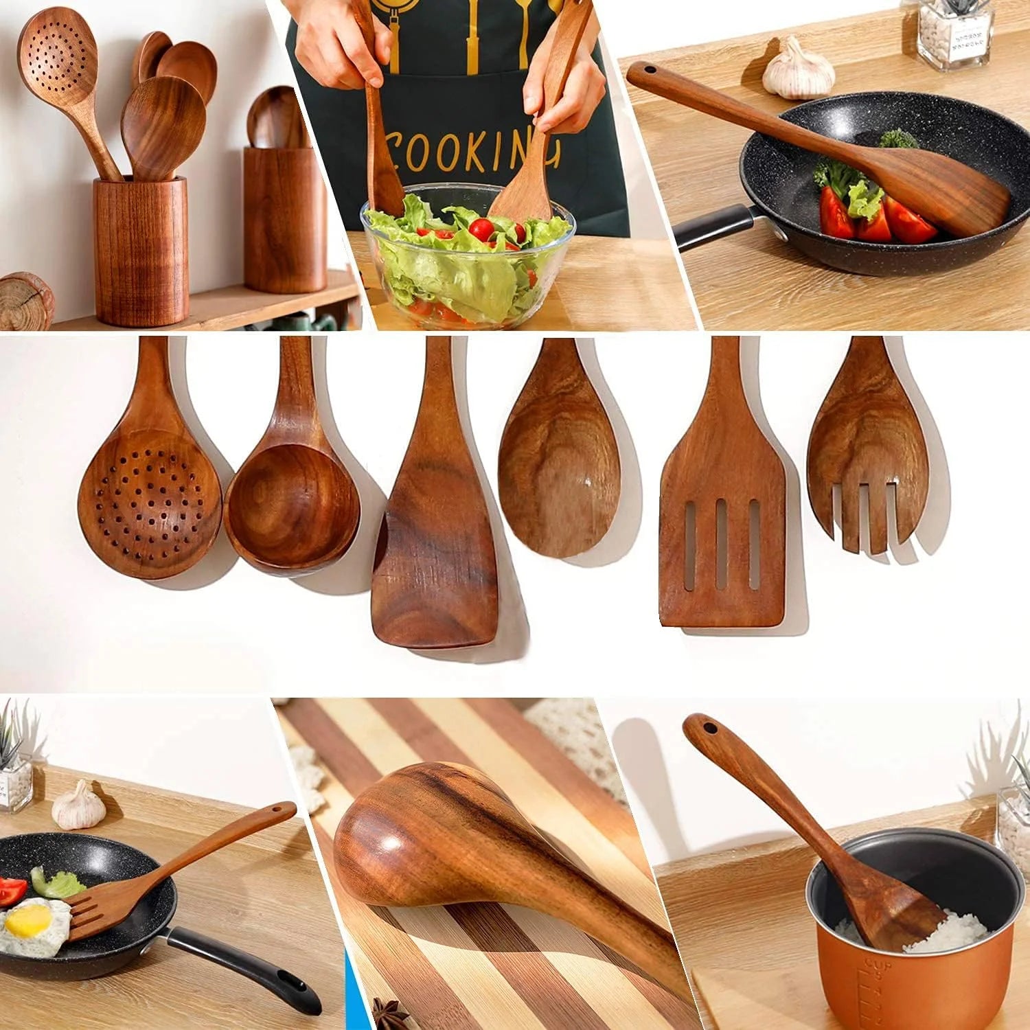 Wooden Spoons for Cooking, Wooden Utensils for Cooking 7 Pcs Natural Teak Wooden Kitchen Utensils Set Wooden Cooking Utensils