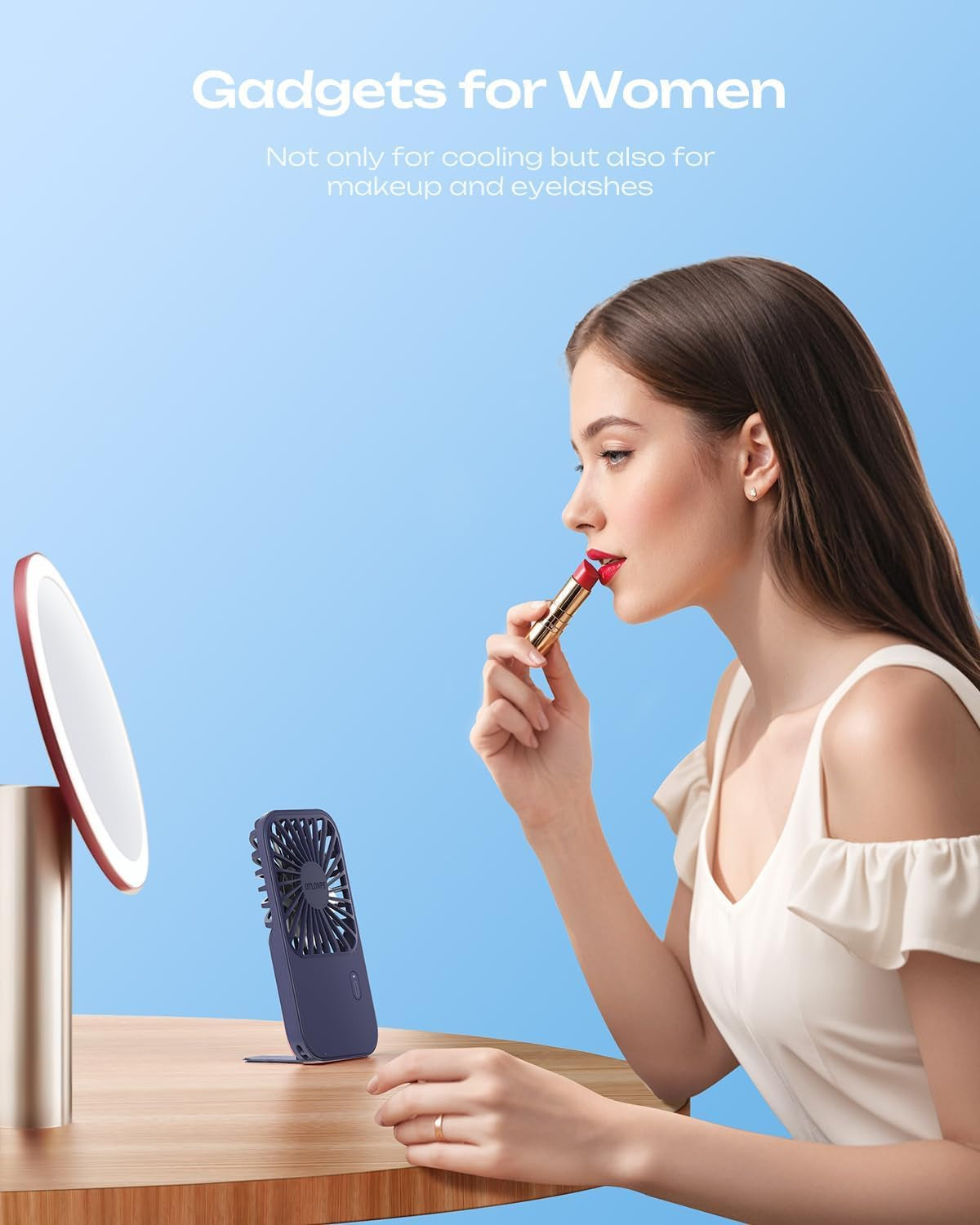 Rechargeable Mini Portable Handheld Fan, Small Personal Battery Powered Handheld Portable Fans for Hand Held Desktop Travel, Foldable Stand, Slim Cordless, Wrist Strap, 3-Speed (Blue)