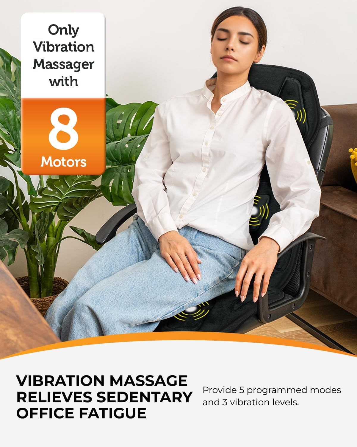 Back Massager for Chair with Heat, 4-Zone Vibration Massage Cushion | 8 Motors, 5 Modes, 3 Intensities, 4 Zones: Upper/Lower Back, Hips, Thighs; 2 Heat Levels, Elastic Strap, 30/60/90-Min Timer
