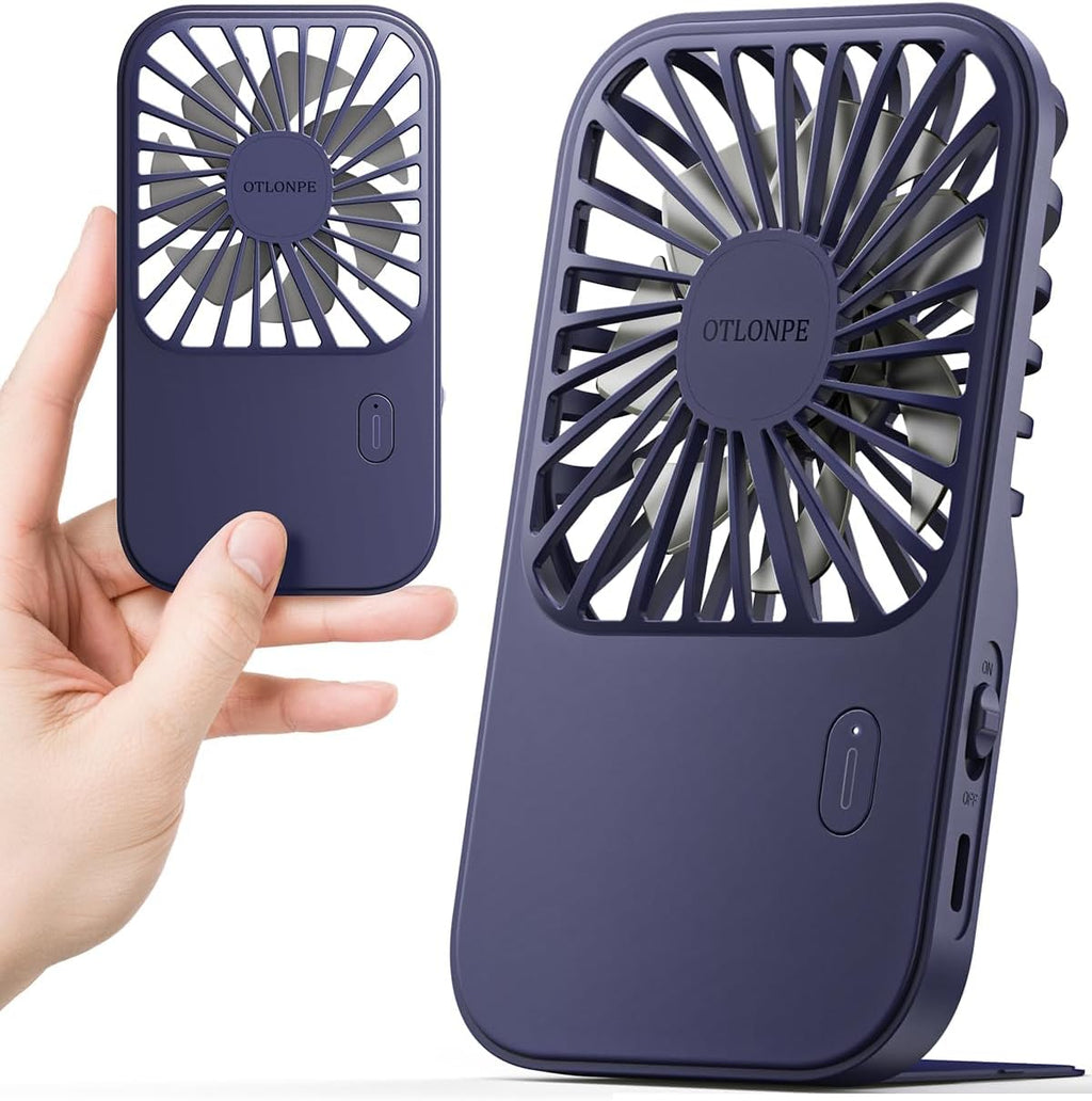 Rechargeable Mini Portable Handheld Fan, Small Personal Battery Powered Handheld Portable Fans for Hand Held Desktop Travel, Foldable Stand, Slim Cordless, Wrist Strap, 3-Speed (Blue)