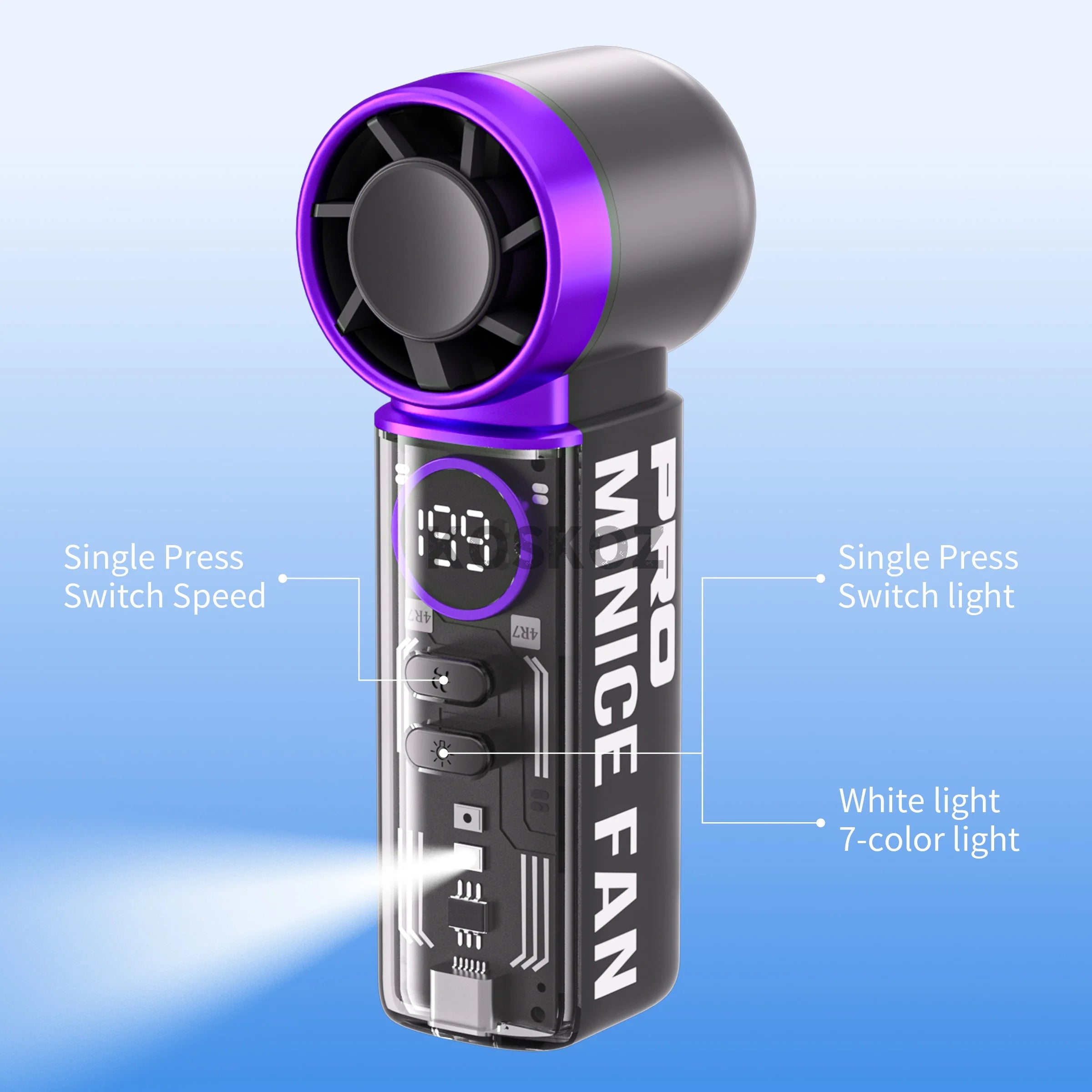 Portable Handheld Mini Fan, 5 Speeds, with LED Display, Flashlight, USB Rechargeable, Mini Fan with Lanyard for Makeup, Travel