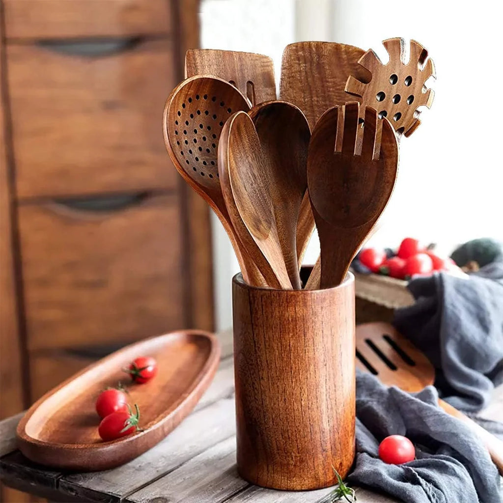 Wooden Spoons for Cooking, Wooden Utensils for Cooking 7 Pcs Natural Teak Wooden Kitchen Utensils Set Wooden Cooking Utensils