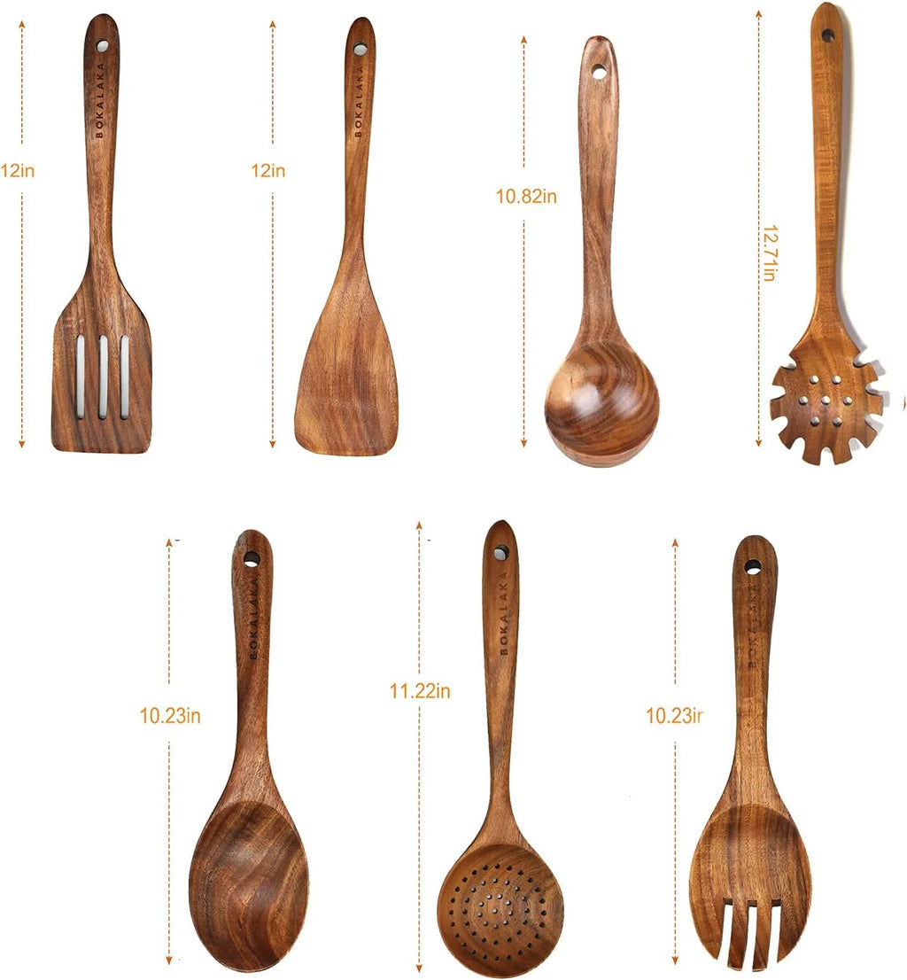 Wooden Spoons for Cooking, Wooden Utensils for Cooking 7 Pcs Natural Teak Wooden Kitchen Utensils Set Wooden Cooking Utensils