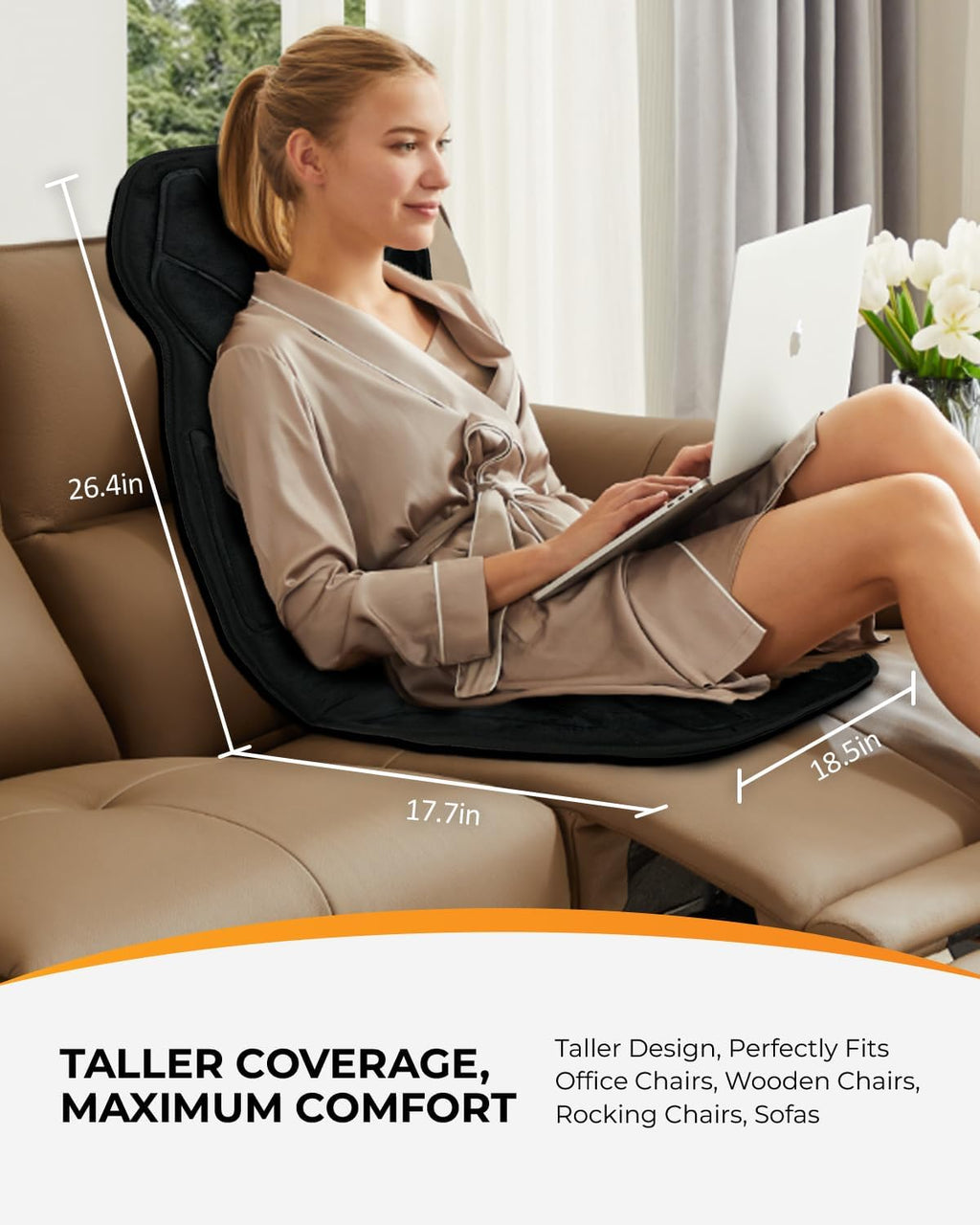 Back Massager for Chair with Heat, 4-Zone Vibration Massage Cushion | 8 Motors, 5 Modes, 3 Intensities, 4 Zones: Upper/Lower Back, Hips, Thighs; 2 Heat Levels, Elastic Strap, 30/60/90-Min Timer